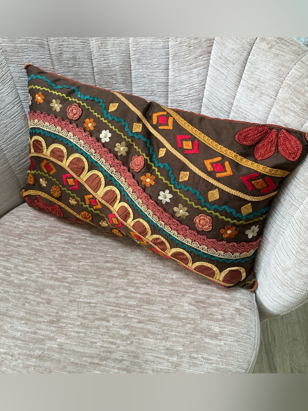 Pier One Lumbar Throw Pillow Embroider Accent Geometric Pattern, Gold, Yellow